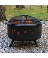 Sunnydaze Decor Cosmic 30-Inch Fire Pit with Cooking Bbq Grill Grate, Spark Screen, and Fireplace Poker - Celestial Design