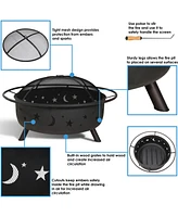 Cosmic 42-Inch Large Outdoor Fire Pit - Wood-Burning Fire Pit with Round Spark Screen, Poker, and Built-in Grate