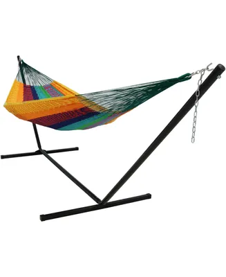 Sunnydaze Decor Handwoven, Xxl Thick Cord, Mayan Family Hammock with 15-Foot Stand - 400-Pound Capacity - Multicolor