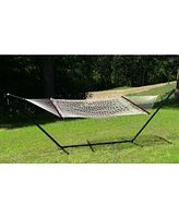 Double Polyester and Cotton Rope Hammock with 15-Foot Steel Stand - 400-Pound Capacity - Black Stand - Cream