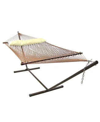 Polyester Rope Double Hammock with 15-Foot Steel Stand - 400-Pound Capacity - Black Stand - Brown