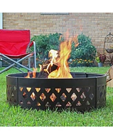 36-Inch Outdoor Fire Pit Ring with Poker - Round Heavy-Duty Steel Fire Ring for Camping or Backyard - Crossweave - 12" H