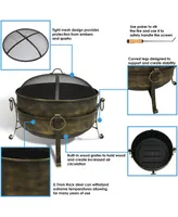 Cauldron Style Outdoor Fire Pit Bowl with Spark Screen, Log Poker, and Wood Grate