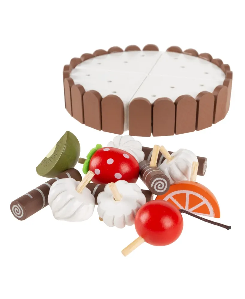 Hey Play Birthday Cake - Kids Wooden Magnetic Dessert With Cutting Knife, Fruit Toppings, Chocolate And Vanilla Swirls-Fun Pretend Play Party Food