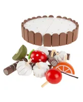 Hey Play Birthday Cake - Kids Wooden Magnetic Dessert With Cutting Knife, Fruit Toppings, Chocolate And Vanilla Swirls-Fun Pretend Play Party Food