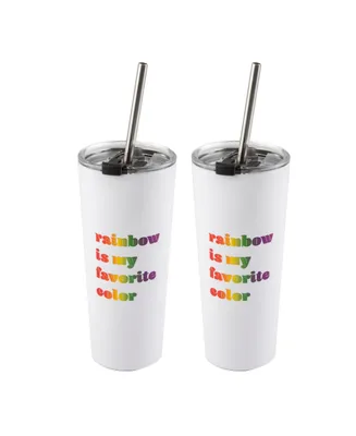 Double Wall 2 Pack of White 24 oz Straw Tumblers with Metallic "Rainbow is My Favorite Color" Decal