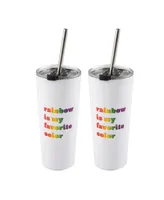 Double Wall 2 Pack of White 24 oz Straw Tumblers with Metallic "Rainbow is My Favorite Color" Decal