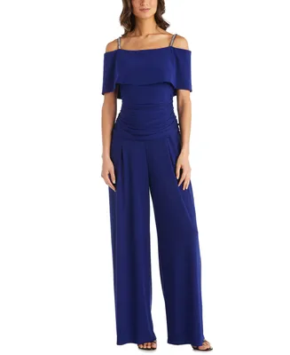 R & M Richards Embellished-Strap Cold-Shoulder Jumpsuit