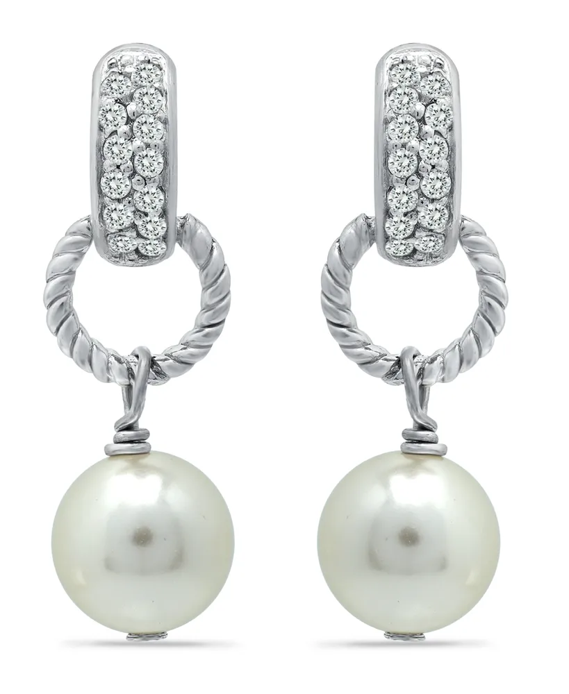 Imitation Pearl Pave Cubic Zirconia Doorknocker Drop Earrings Crafted in Silver Plate