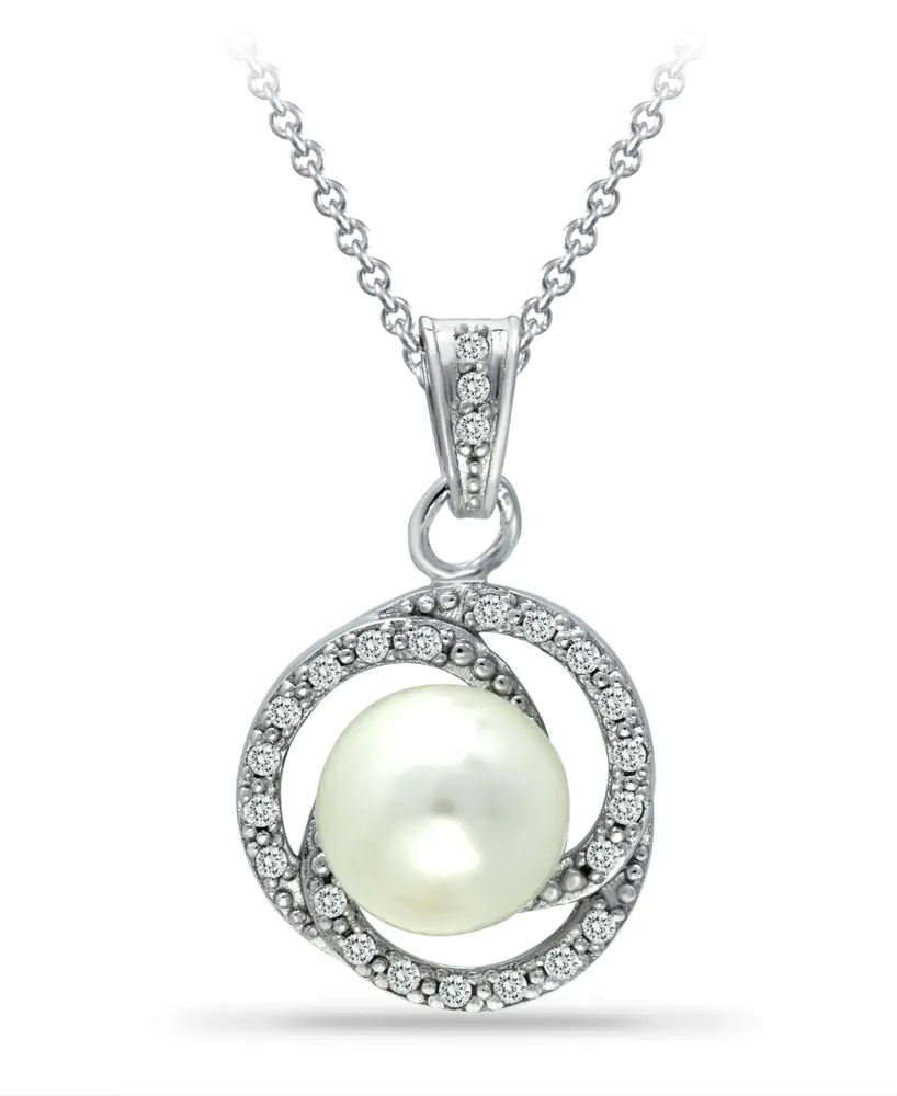 Imitation Pearl with Cubic Zirconia Crystal Swirl Halo Pendant in Silver Plate 18"