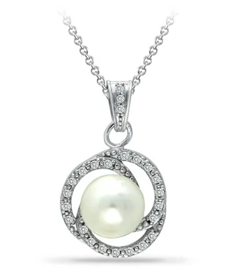 Imitation Pearl with Cubic Zirconia Crystal Swirl Halo Pendant in Silver Plate 18"
