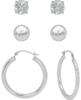 3-Pc. Earrings Set Hoop, Ball Stud & Cubic Zirconia