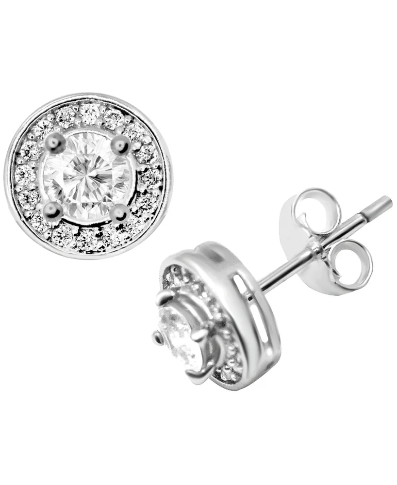 Cubic Zirconia Halo Stud Earrings in Silver-Plate