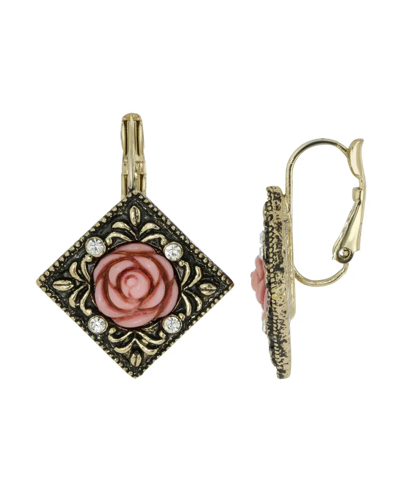 2028 Gold-Tone Pink Carved Rose with Crystal Accents Diamond-Shape Drop Earrings