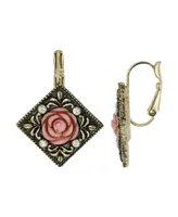 2028 Gold-Tone Pink Carved Rose with Crystal Accents Diamond-Shape Drop Earrings