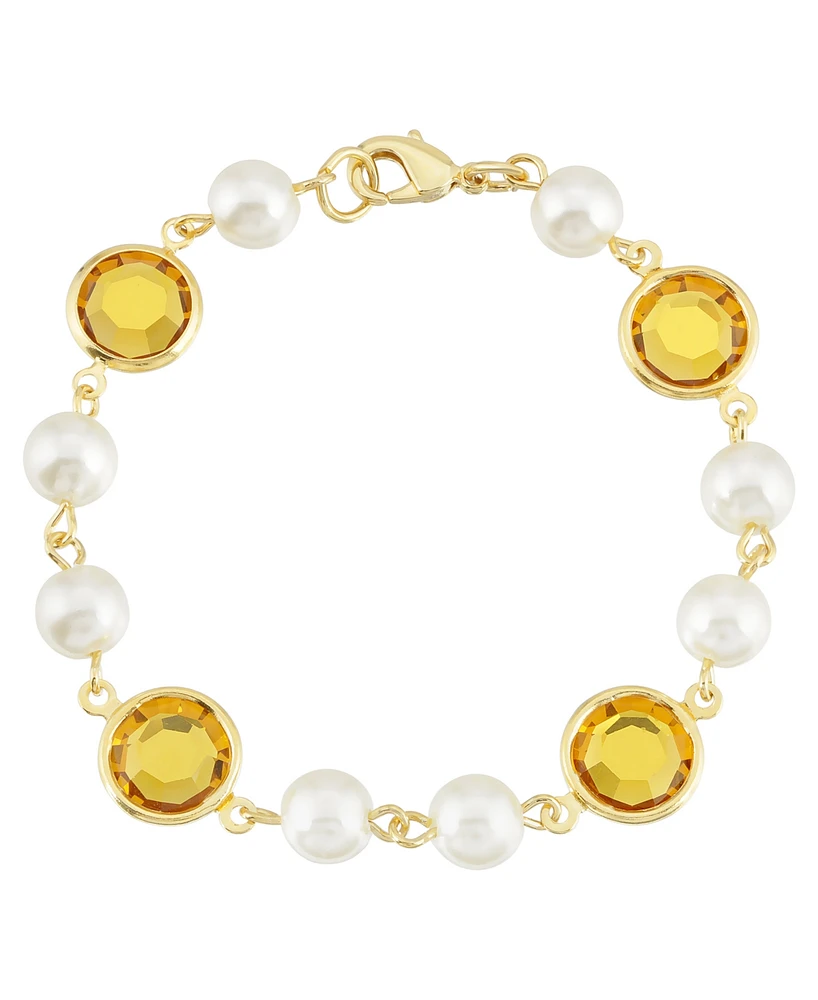 2028 Gold-Tone Imitation Pearl with Yellow Channels Link Bracelet