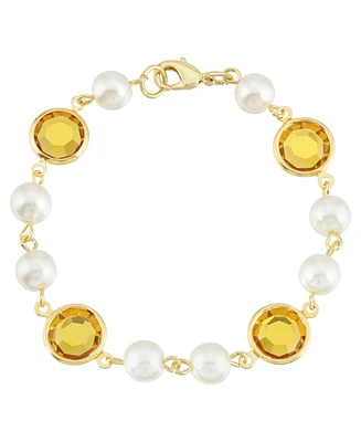 2028 Gold-Tone Imitation Pearl with Yellow Channels Link Bracelet