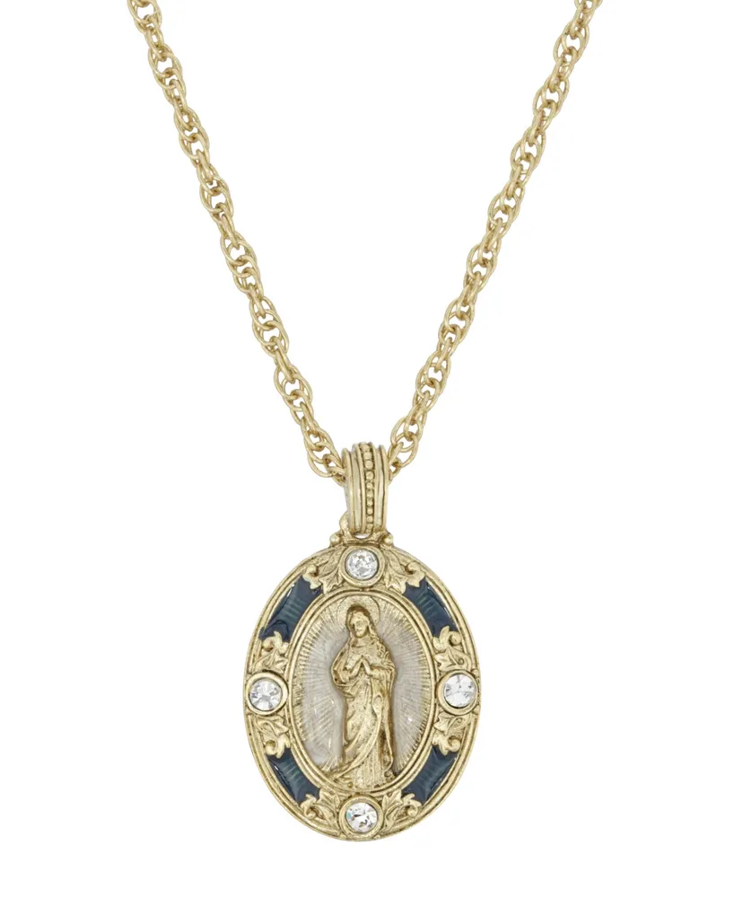 Symbols of Faith 14K Gold-Dipped Crystal Blue Enamel Virgin Mary Pendant 18" Necklace