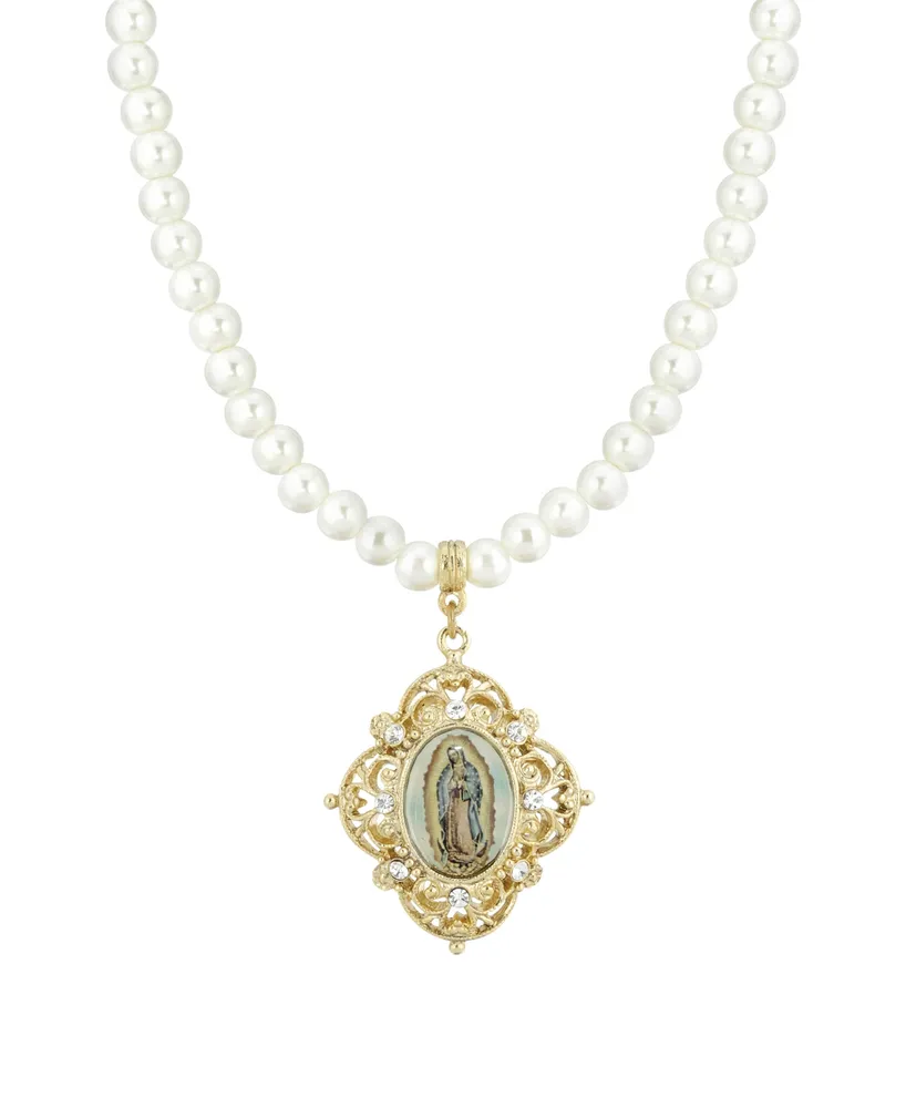 Symbols of Faith Gold-Tone Imitation Pearl Strandage Mary Decal Pendant 15\