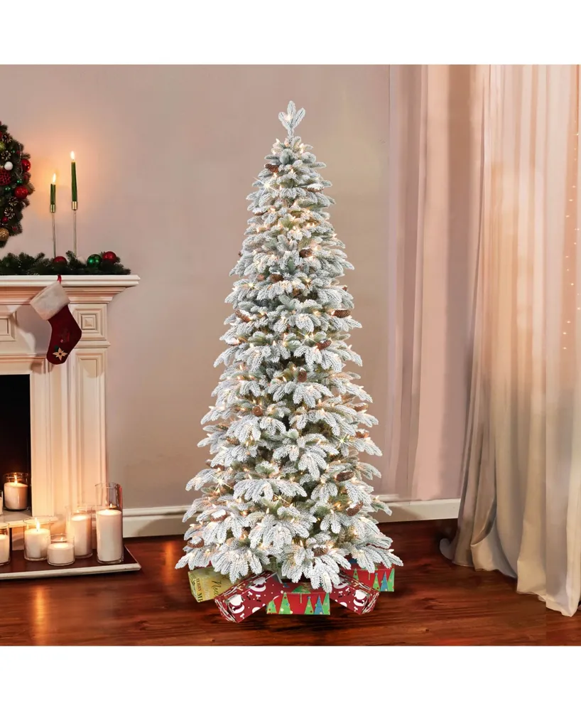 Puleo 7.5" Pre-Lit Flocked Slim Montville Spruce Artificial Christmas Tree