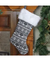 Northlight Reindeer and Snowflake Knit Christmas Stocking with Faux Fur Cuff