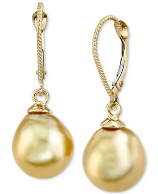 Cultured Golden South Sea Pearl (10mm) Drop Earrings in 14k Gold