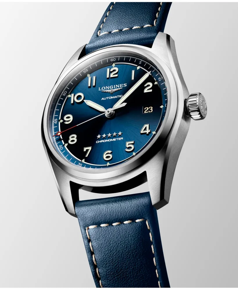 Longines Men's Automatic Spirit Stainless Steel Chronometer Blue Leather Strap Watch 40mm