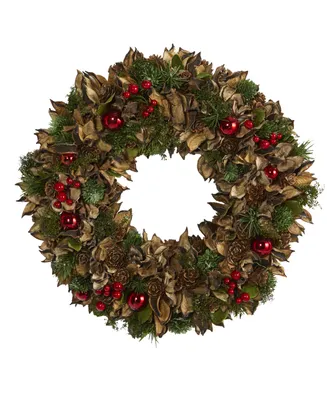 Nearly Natural Holiday Artificial Wreath with Pine Cones and Ornaments