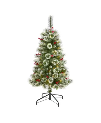 Nearly Natural Frosted Swiss Pine Artificial Christmas Tree with Clear Led Lights and Berries