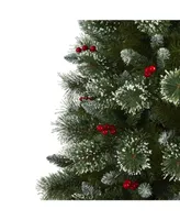 Nearly Natural Frosted Swiss Pine Artificial Christmas Tree with 300 Clear Led Lights and Berries
