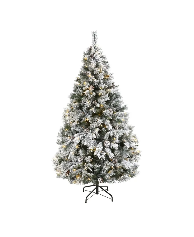 Nearly Natural Flocked River Mountain Pine Artificial Christmas Tree with Pinecones and 250 Clear Led Lights