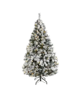 Nearly Natural Flocked River Mountain Pine Artificial Christmas Tree with Pinecones and 250 Clear Led Lights