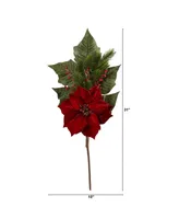 Nearly Natural Poinsettia, Berries and Pine Artificial Flower Bundle, Set of 3