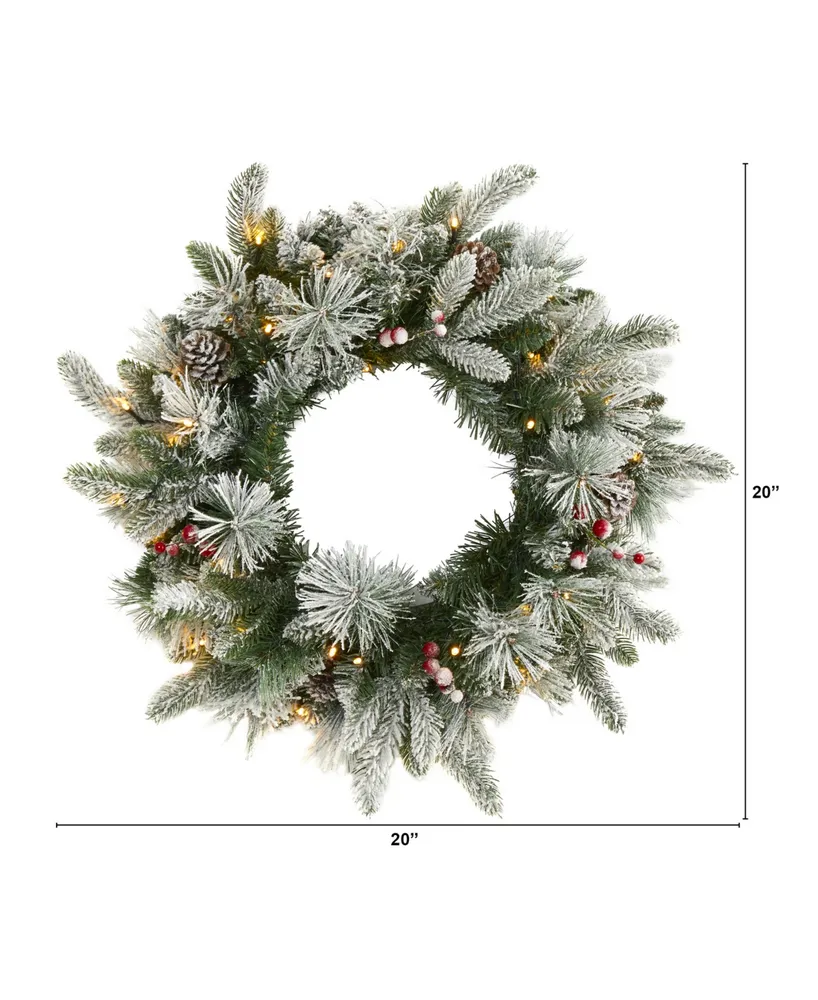 Nearly Natural Flocked Mixed Pine Artificial Christmas Wreath with 50 Led Lights, Pine Cones and Berries