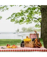 Vintiquewise Gingham Lined Woodchip Picnic Basket With Lid and Movable Handles