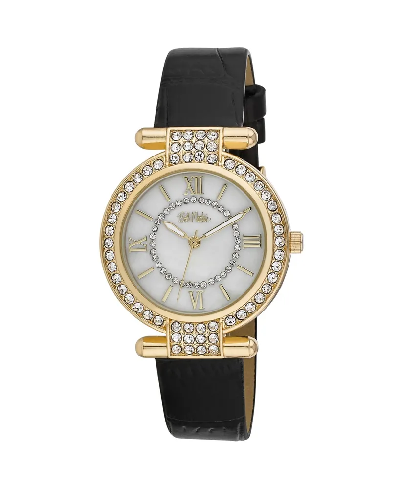 Bob Mackie Women's Polyurethane Strap Stone Encrusted T-Bar Watch