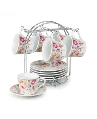 Lorren Home Trends Floral Design 12 Piece 2oz Espresso Cup and Saucer Set, Service for 6