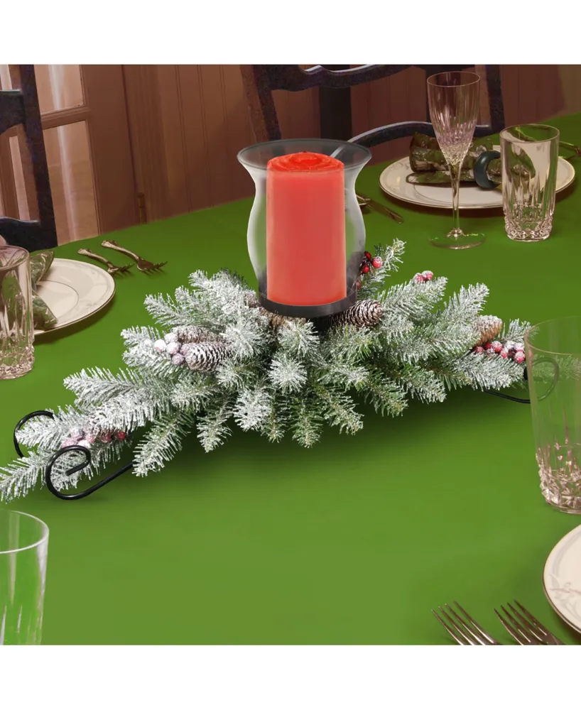 National Tree Company 30" Dunhill Fir Centerpiece and Candle Holder with Snow, Berries and Cones