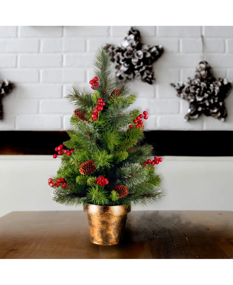 National Tree Company 2' Crestwood Spruce Small Tree with Silver Bristle, Cones, Red Berries and Glitter in a Bronze Plastic Pot
