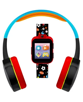 Kid's Playzoom Black Sports Print Tpu Strap Smart Watch with Headphones Set 41mm