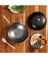 Joyce Chen Classic Series Uncoated Carbon Steel 4-Pc. Wok Set with Lid and Birch Handles