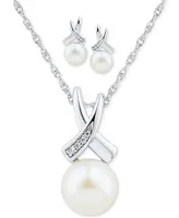 2-Pc. Set Cultured Freshwater Pearl (7 & 8mm) & Diamond Accent 18" Pendant Necklace & Matching Stud Earrings in Sterling Silver