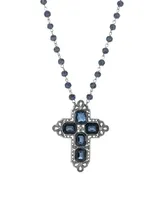 2028 Women's Pewter Rectangle Sapphire Blue Color Crystal Cross Beaded Necklace