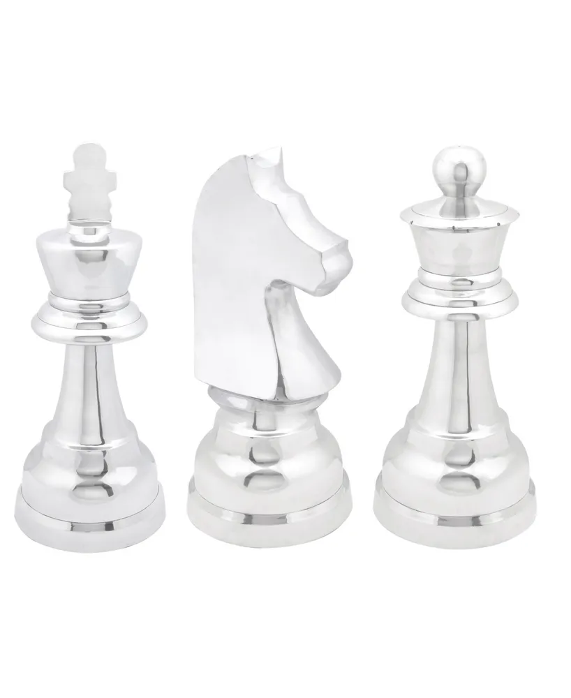 CosmoLiving by Cosmopolitan Set of 3 Silver Aluminum Traditional Chess Sculpture, 4" x 9"