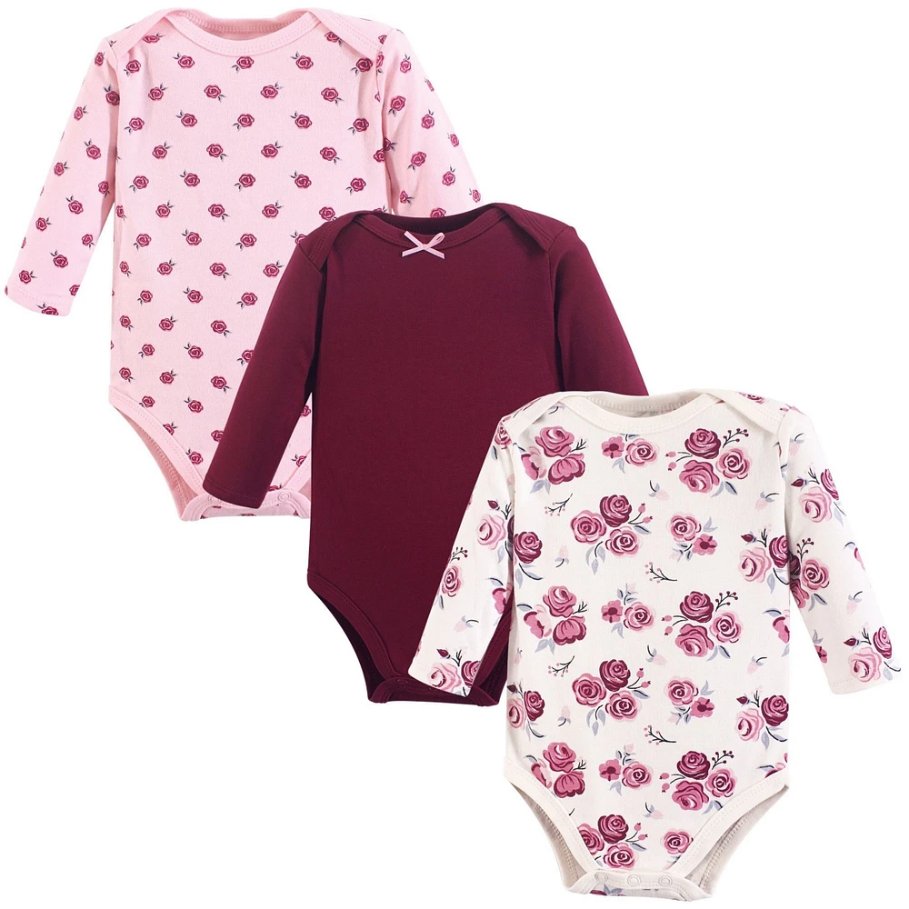 Hudson Baby Girls Cotton Long-Sleeve Bodysuits 3pk, Rose