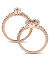 Morganite and Diamond Heart Halo interlocking Bridal Ring Set