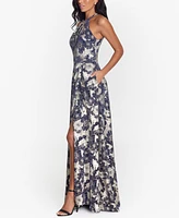 Betsy & Adam Metallic Floral Halter Gown