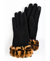 Women's Faux Fur Leopard Cuff Jersey Touchscreen Glove