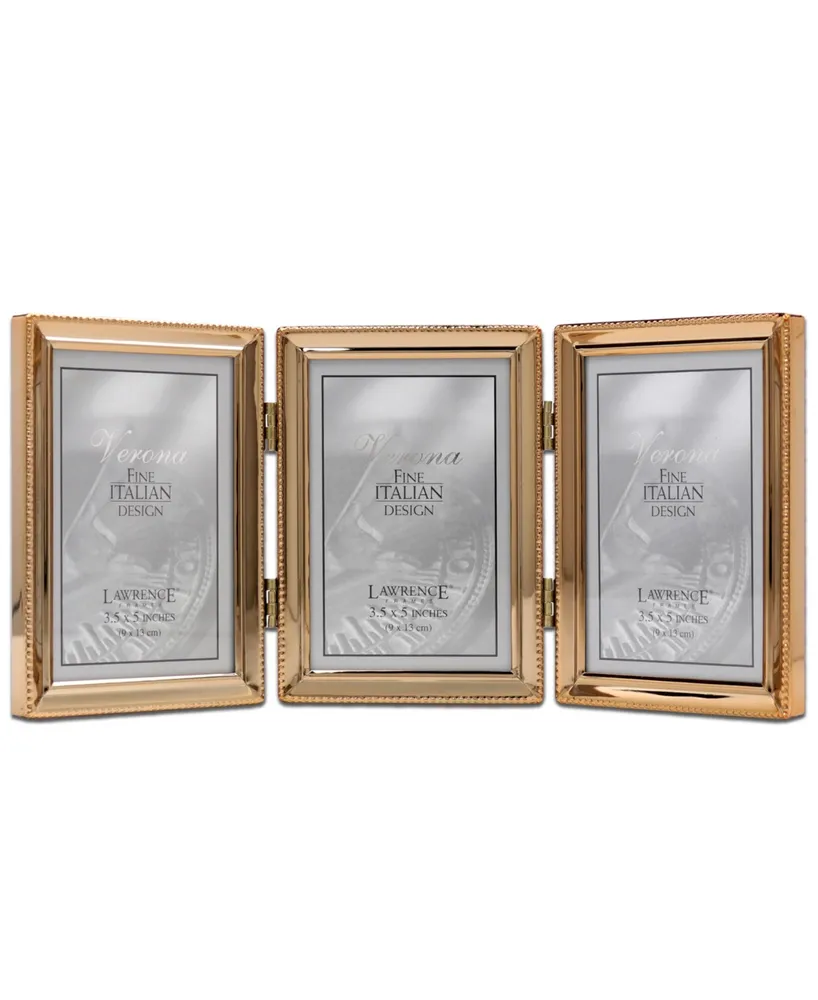 Polished Metal Hinged Triple Picture Frame - Bead Border Design, 3.5" x 5" - Gold