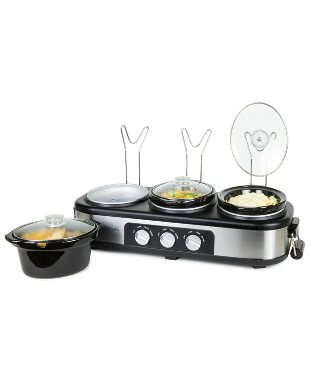 Megachef Triple 2.5 Quart Slow Cooker And Buffet Server In Brushed Silver  And Black Finish With 3 Ceramic Cooking Pots And Removable Lid Rests :  Target